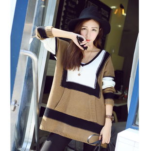 2014秋装新款韩版心形领长袖条纹毛衣 柚子美衣打造百搭时尚